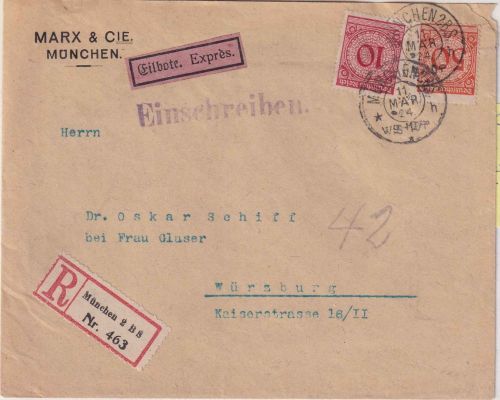 DR - 50+10 Pfg. Korbdeckel Eil-Einschreibebrief München - Würzburg 1924