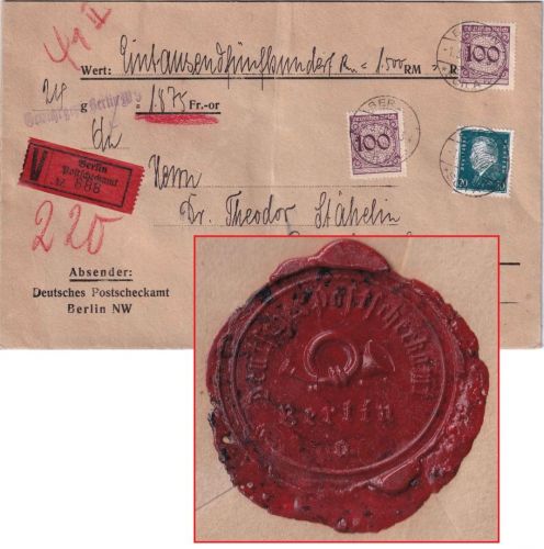 DR - 2x100 Pfg. Korbdeckel u.a. Wertbrief i.d. SCHWEIZ Berlin Postscheckamt 1930
