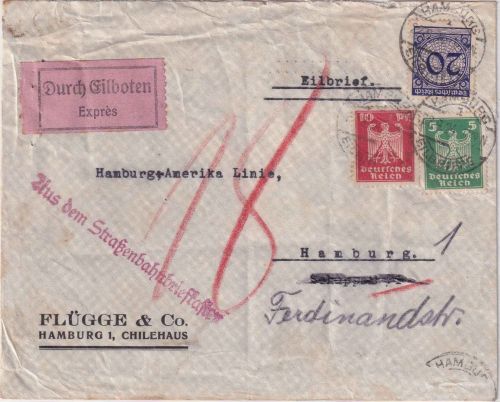 DR - 20 Pfg. Korbdeckel u.a. Ortseilbrief "Aus dem Straßenbahn..." Hamburg 1924