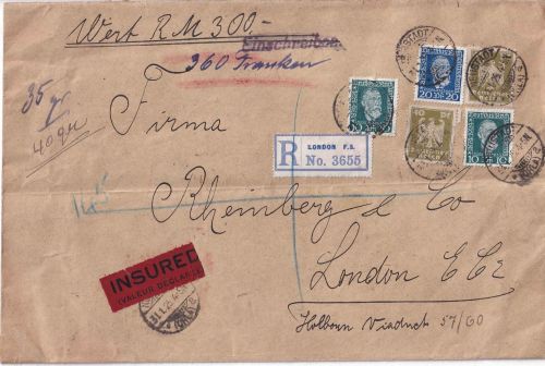 DR - 2x40 Pfg. Adler u.a. Wertbrief n. ENGLAND Neustadt (Orla) - London 1925