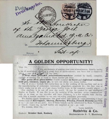DR - 2 Pfg. Germania Ganzsache+ Zusatz n. SÜDAFRIKA Hamburg 1903 Retour