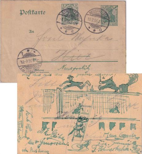DR - 5 Pfg. Germania Ganzsache/Ortskarte Neustrelitz Doppelverwendung 1906