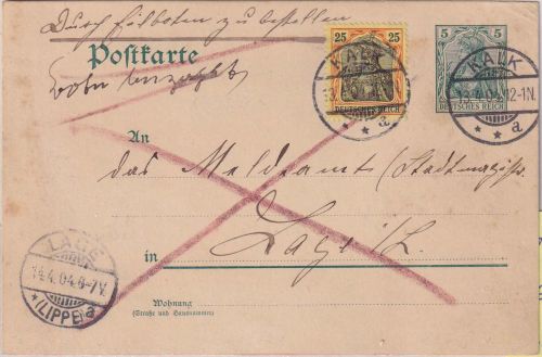 DR - 5 Pfg. Germania Ganzsache+Zusatz/Eilkarte Kalk - Lage 1904