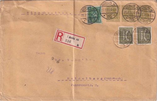 DR - 3x60 Pfg. Germania Privatganzsache+Zusatz Einschreibebrief Berlin 1922