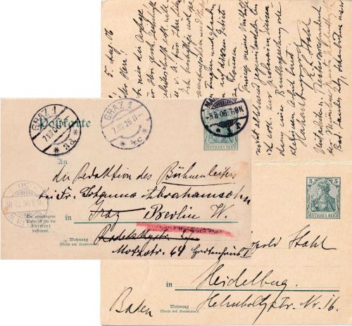 DR - 5/5 Pfg. Germania Antwortganzsache n. ÖSTERREICH/Irrläufer Mannheim 1906