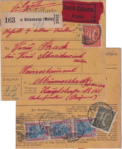 DR-Infla - 3x4 M. Germania u.a. Eilpaketkarte Griesheim (Main) 10.11.21