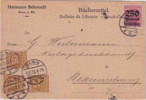 DR-Infla - 250 Tsd/500 M. u.a. Bücherzettel Bonn - Braunschweig 9.10.23