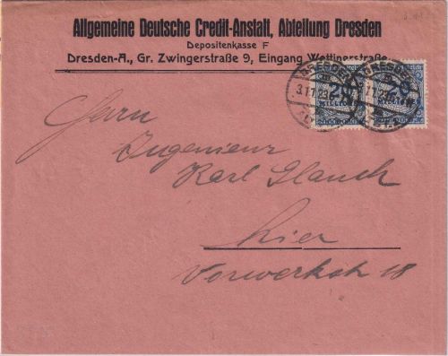 DR-Infla - 2x20 Mio. Korbdeckel Ortsbrief <20g Dresden 3.11.23