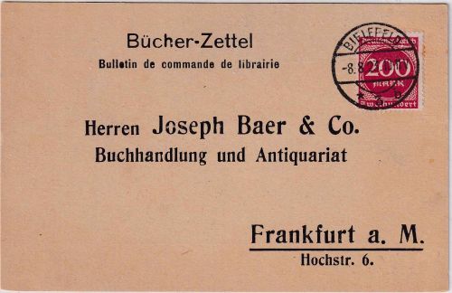 DR-Infla - 200 M. Ziffer Bücherzettel Bielefeld - Frankfurt a/M. 8.8.23