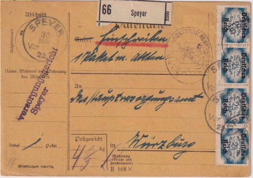 DR-Infla - 4x2 1/2 M. By-Abschied/DR u.a. Dienst-Einschreibepaketkarte Speyer