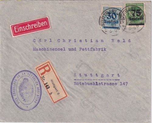 DR-Infla - 75 Tsd/1.000 M. ua. Ortseinschreibebrief Stuttgart 11.9.23 Absender !