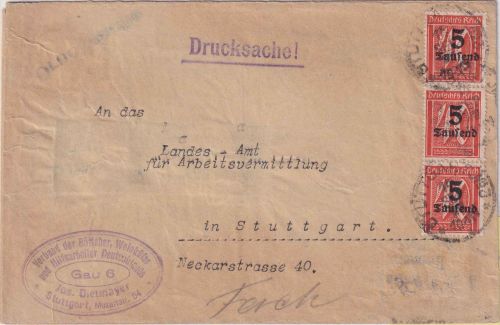 DR-Infla - 3x5 Tsd./40 Pfg. Ziffer Ortsdrucksachenbrief Stuttgart 14.9.23
