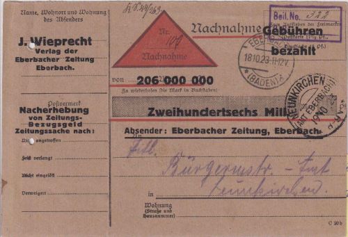 DR-Infla - Eberbach 18.10.23 Nachnahmekarte/Zeitungssache n. Neunkrichen