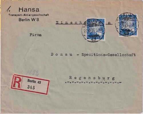 DR - 2x20 Pfg 1000 J. Rheinland Perfin "AAG" Einschreibebrief Berlin 42 27.10.25