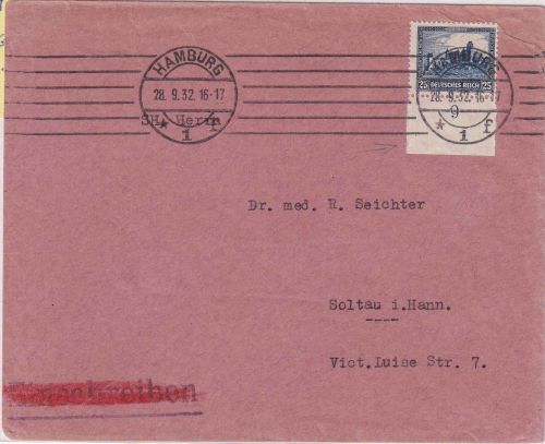 DR - 25 Pfg. Nothilfe UR Brief >20g Hamburg - Soltau 1932