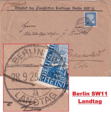 DR - Berlin SW Landtag 28.9.25 20 Pfg. 1000 J. Rheinland Brief n. Begrneustadt