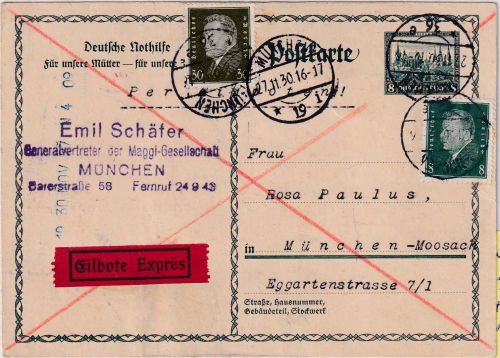 DR - 8 Pfg. Nothilfe Ganzsache+Zusatz Orts-Eilkarte (Rohrpost) München 27.11.30