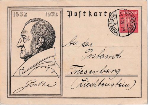 DR - 15 Pfg Goethe Sonderganzsache n. LIECHTENSTEIN Gerbstedt - Triesenberg 1933