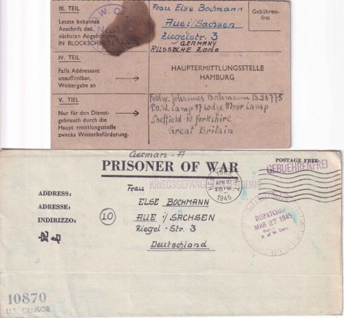 All.Bes./USA/GB - Kriegsgefangenenkarte+Brief 26.3.45/18.2.46 n. Aue i. Sachsen