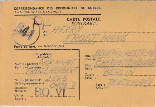 Belgien/All.Bes. - Lager BO VI (Erbisoeul) Kriegsgefangenenkarte n. Berlin 1946