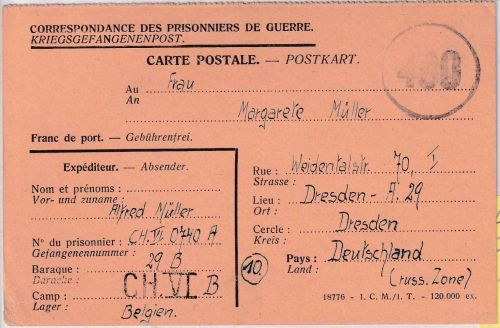 Belgien/All.Bes.- Lager CH VI (Chatelineau) Kriegsgefangenenkarte n Dresden 1947