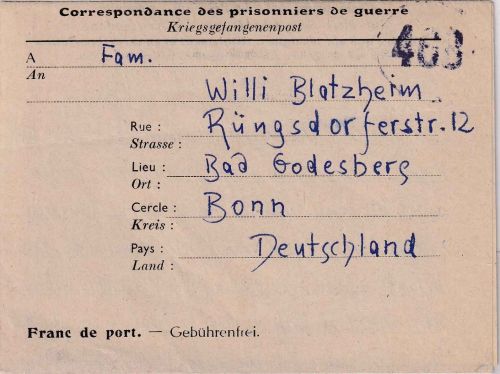 Belgien/All.Bes. - Lager CH V (Fleurus) Kriegsgefangenenbrief n. Godesberg 1947