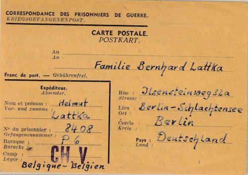 Belgien/All.Bes. - Lager CH V (Fleurus) Kriegsgefangenenkarte n. Berlin 1946