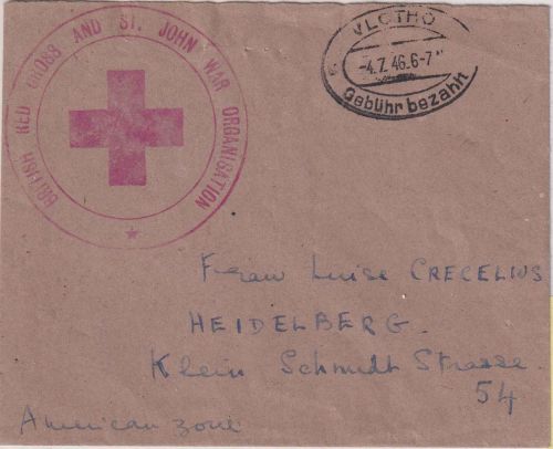 All.Bes. - Vlotho Gebühr bezahlt 4.7.46 Brief (Brit. Rotes Kreuz) n. Heidelberg