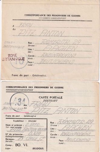 Belgien/All.Bes. - Lager BO VI (Erbisoeul) Kriegsgefangenenkarte/-brief 1946