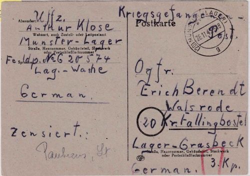 All.Bes. - Munster (Lager) 26.11.45 Kriegsgefangenenkarte n. Walsrode/Lager