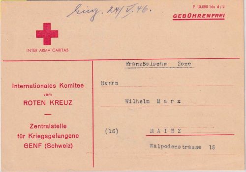 Schweiz/All.Bes. - Genf 14.5.46 Rotes Kreuz gebührenfreie Karte n. Mainz