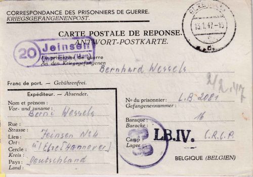 All.Bes./Belgien - (20) Jeinsen ü. Elze Kriegsgefangenenkarte i. Lager LBIV 1947