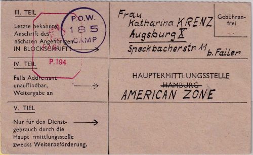 England/All.Bes. - POW Camp 185 (Springhill) Kriegsgefangenenkarte 20.9.45
