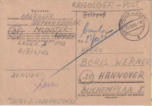 All.Bes. - (20) Munster (Lager) 3.10.45 Kriegsgefangenenkarte n. Hannover