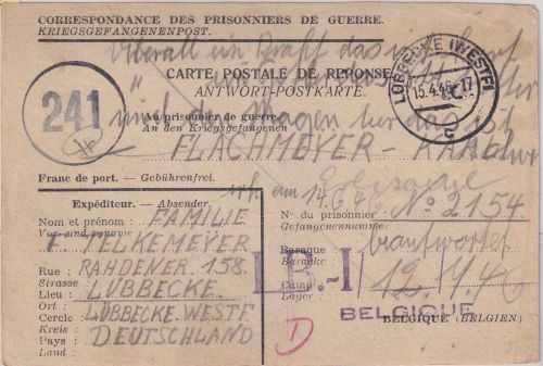 All.Bes./Belgien - Lübbecke 15.4.46 Kriegsgefangenenkarte ins Lager LB I