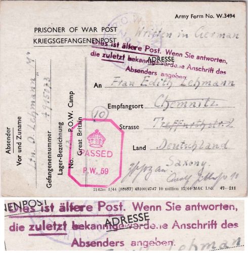 England/All.Bes. - POW camp 13 (The Hays Swanwick) 21.4.45 Kriegsgefangenenkarte