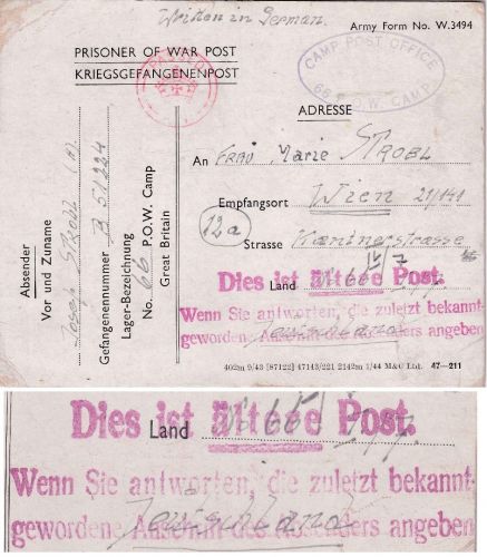 England/Österreich - POW camp 66 Kriegsgefangenenkarte 21.3.45 Überroller !
