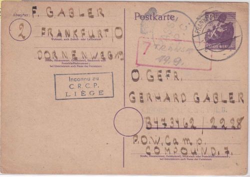 SBZ/Belgien - Frankfurt a/O 1.2.46 Kriegsgefangenenkarte ins brit POW-Lager 2228
