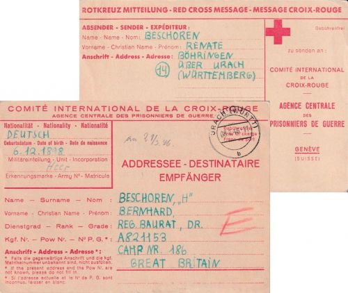 Franz. Zone/England - Urach 8.1.46 Kriegsgefangenenkarte n. Camp Nr. 186