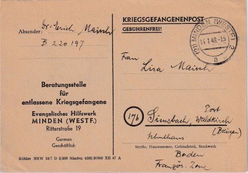 All.Bes. - Minden 14.1.48 Kriegsgefangenenkarte Ev. Hilfswerk n. Siensbach