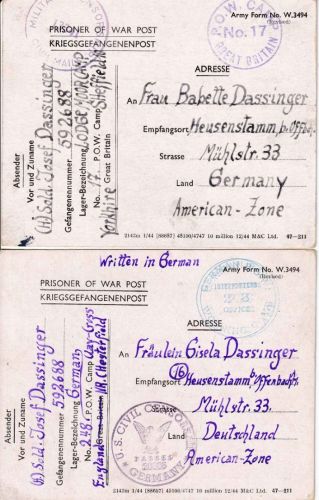 England/All.Bes. - POW Camp 17/248 2 Kriegsgefangenenkarten 7.1./10.4.46