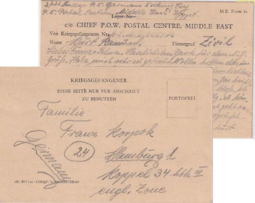 Ägypten/All.Bes.- Middle East Egypt Vordruckkarte n. Hamburg 26.1.47