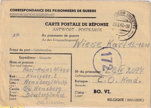 All.Bes./Belgien - Arnsberg 29.5.47 Kriegsgefangenenkarte/Antwortteil