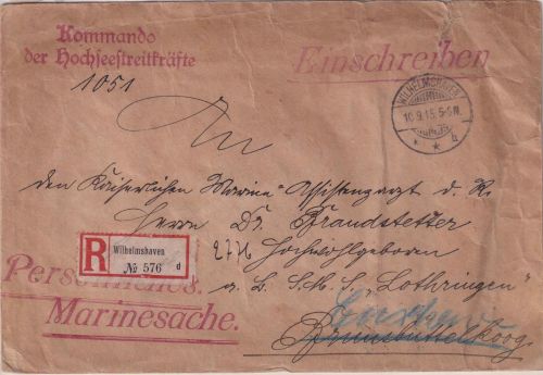 DR - Wilhelmshaven 1915 Kdo. d. Hochseestreitkräfte Einschreiben/Marinesache