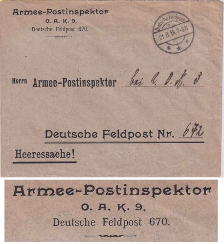 DR - Armee-Postinspektor AOK 9 Dzt. Feldpost 670 Heeressache/Feldpostbrief 1918