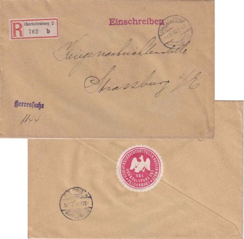 DR - Charlottenburg 2.12.16 Einschreibebrief/portofr. Heeressache n. Strassburg
