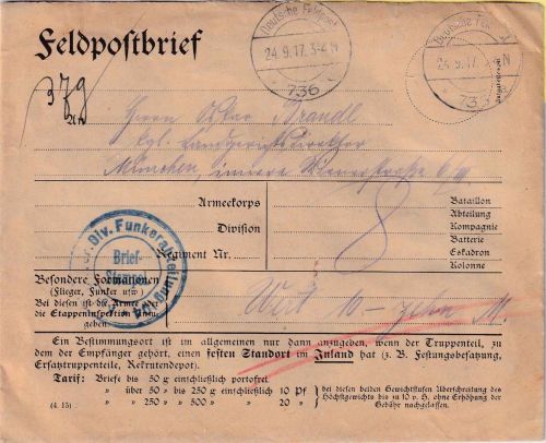 DR - Deutsche Feldpost 736 Wertbrief Bay. Funkerabteilung 104 n. München 24.9.17