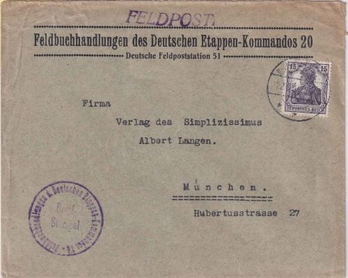 DR - Feldbuchhandlungen d. Dt. Etappen-Kommandos 20 frank. Feldpostbrief 1917