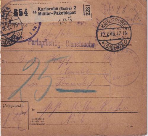 DR - Karlsruhe 1916 portopfl. Militärpaketkarte n. Mitterskirchen