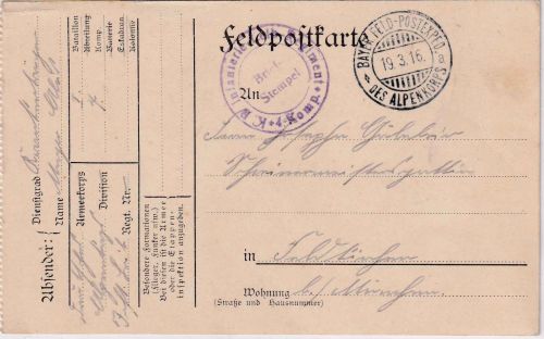 Bayern - Bayer. Feld-Postexped. d. Alpenkorps Feldpostkarte n. Feldkirchen 1916